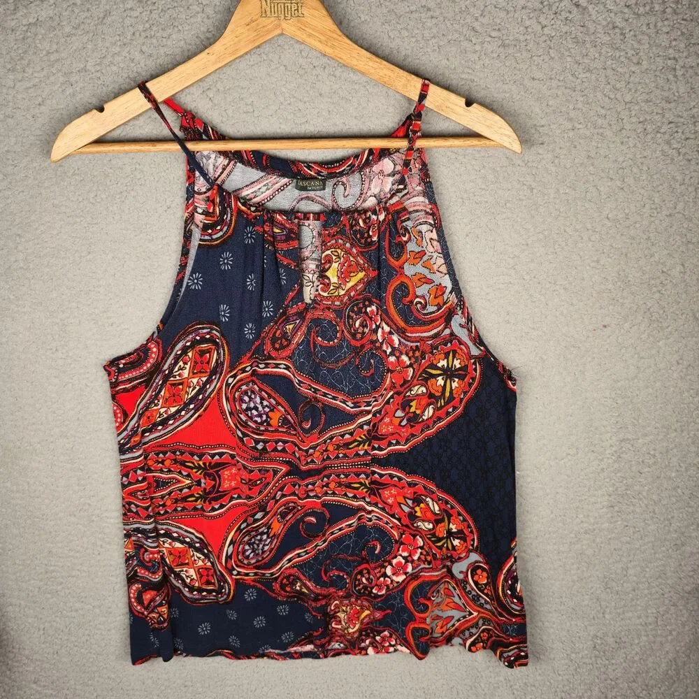 Lascana for Venus Paisley Tank Top Red Navy Sleeveless Keyhole Neck Boho Summer - Picture 6 of 11